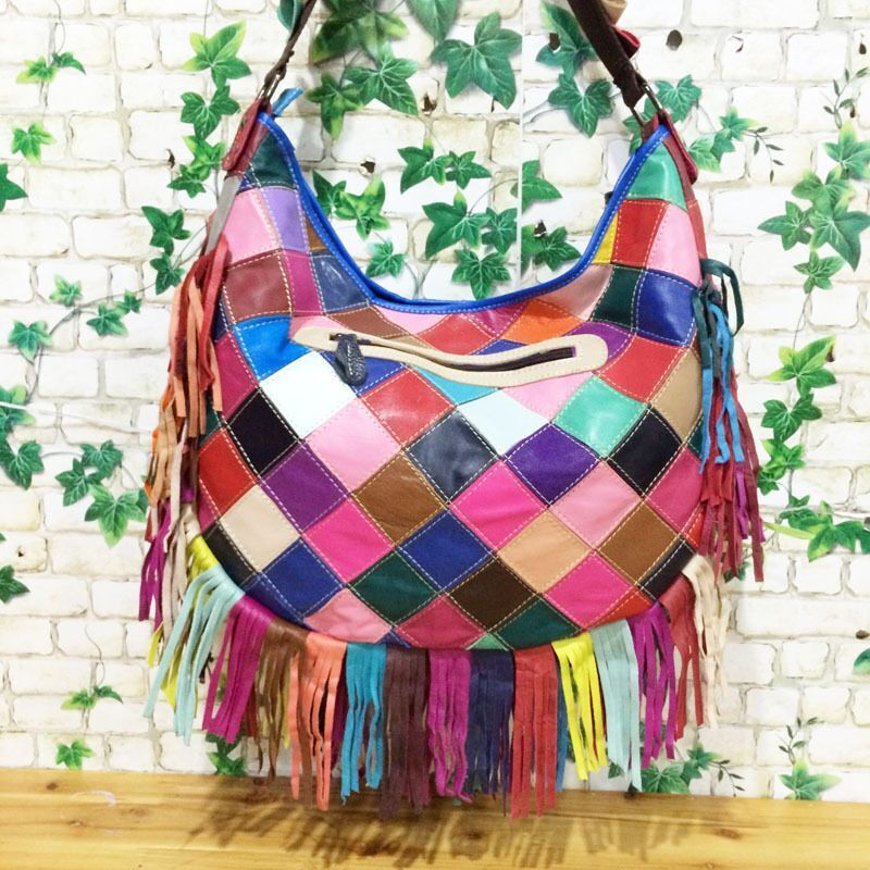 Multicolor Genuine Leather Tassel Bag One Shoulder Bags Beach Purse 33*10*33 Cm
