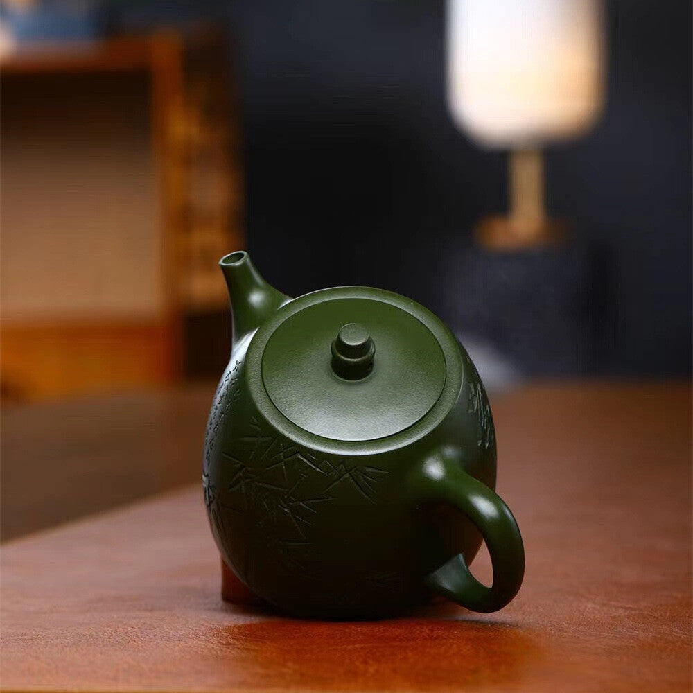 True Yixing Zisha Republic Green Clay Tea Pot Marked Bamboo Carved Chinese Pots
