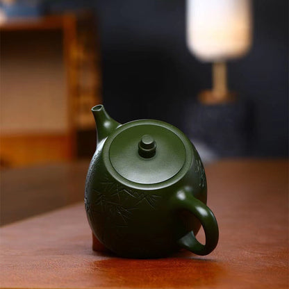 True Yixing Zisha Republic Green Clay Tea Pot Marked Bamboo Carved Chinese Pots