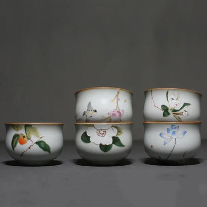 Ru Kiln Ceramic Teacup Travel Portable Hand Painted Flower Tea Bowl Handmade