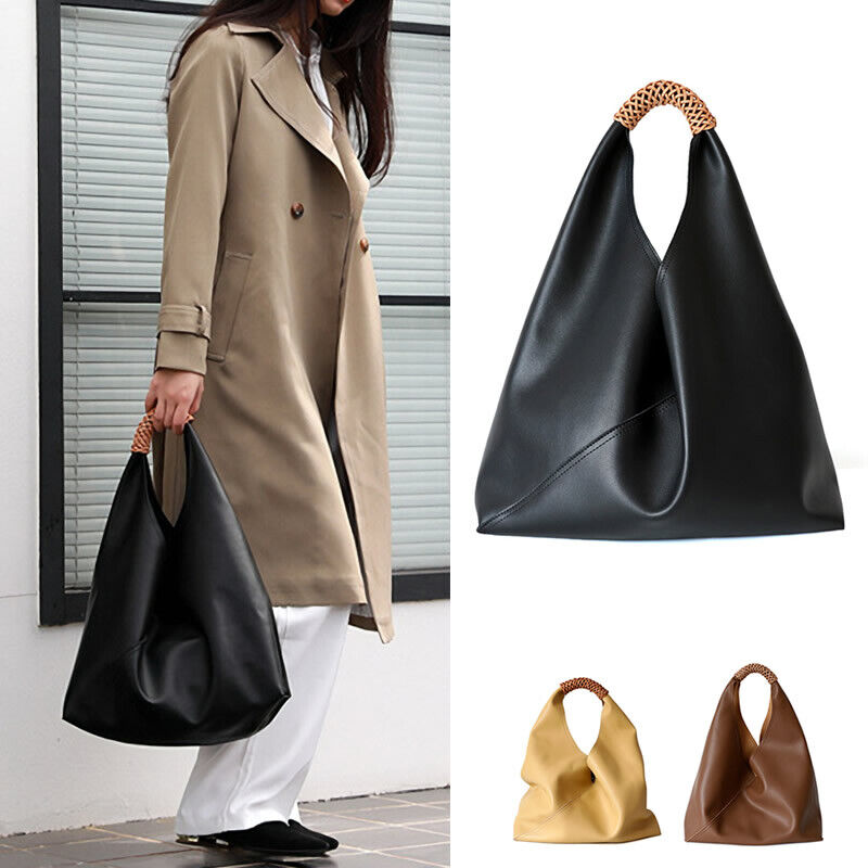 Raw Edge Leather Triangle Tote Hobo Shopper Shoulder Bag Sack Braided Handle