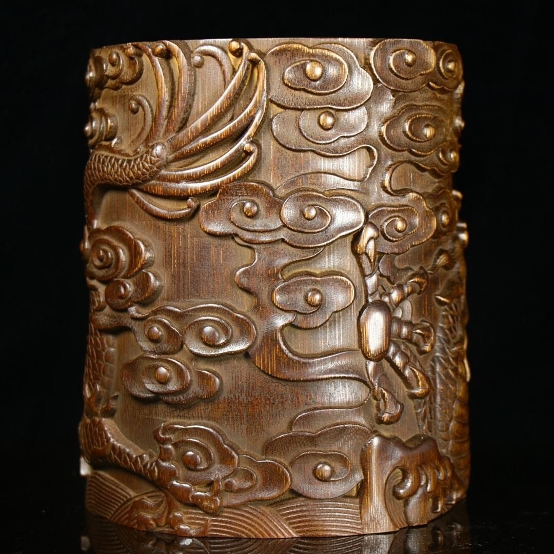 Old Chinese Natural Bamboo Hand Carved Exquisite Dragon Brush Pot Pen Holder