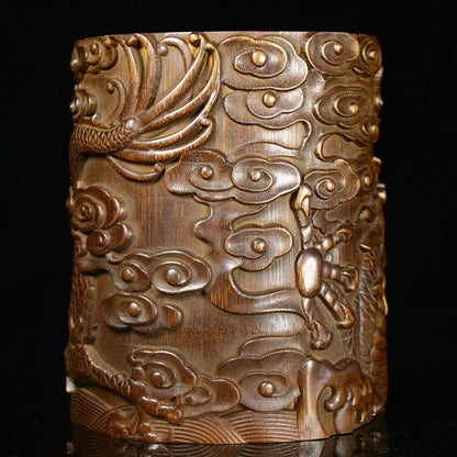 Old Chinese Natural Bamboo Hand Carved Exquisite Dragon Brush Pot Pen Holder