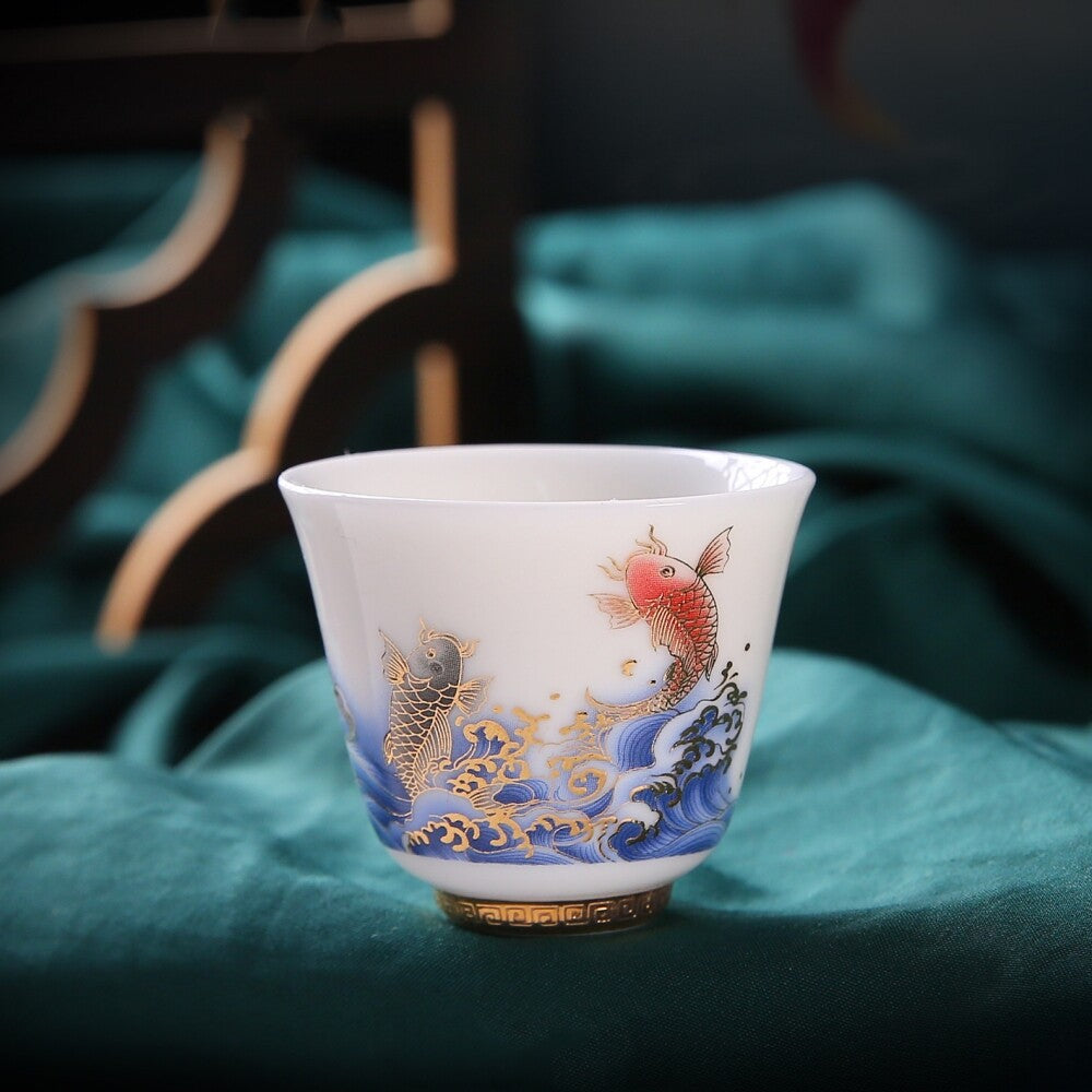 Dehua Fat Mutton Jade Porcelain Tea Cup 50ml Hand Drawing Floral Fish Painted