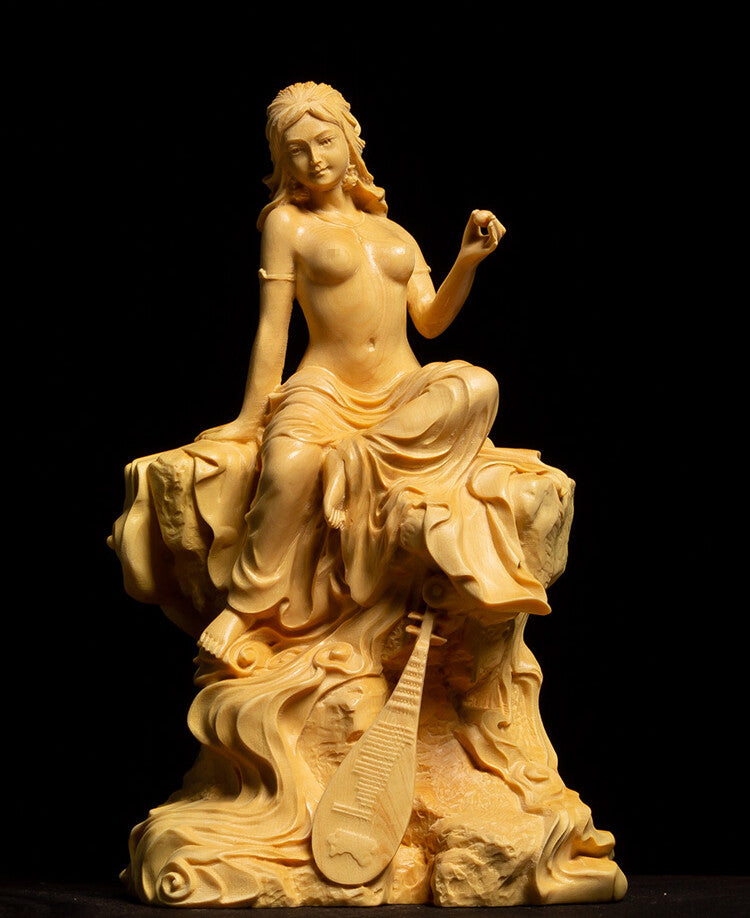 5" Chinese Boxwood Wood Hand-carved Girl Lady Women Pipa Boddhisattva Statue