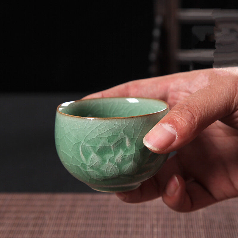 Creative Tea Cup Longquan Celadon Crackle Glaze Porcelain Cup Peony Relief Cups