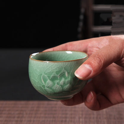 Creative Tea Cup Longquan Celadon Crackle Glaze Porcelain Cup Peony Relief Cups