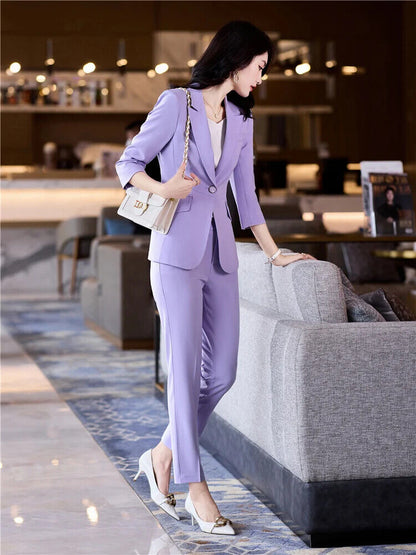 Women's Office Suit Pantsuit Simple Spring Summer Top + Trousers 2 Piece Set