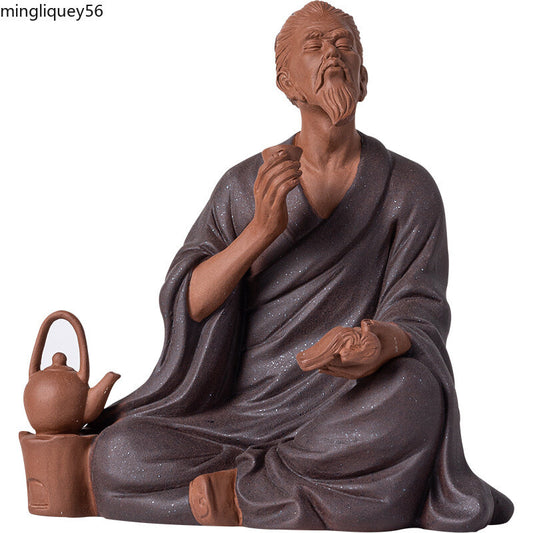 Chinese Figures Statue Ceramic Purple Sand Craft Sculpture Tea Set Decoration