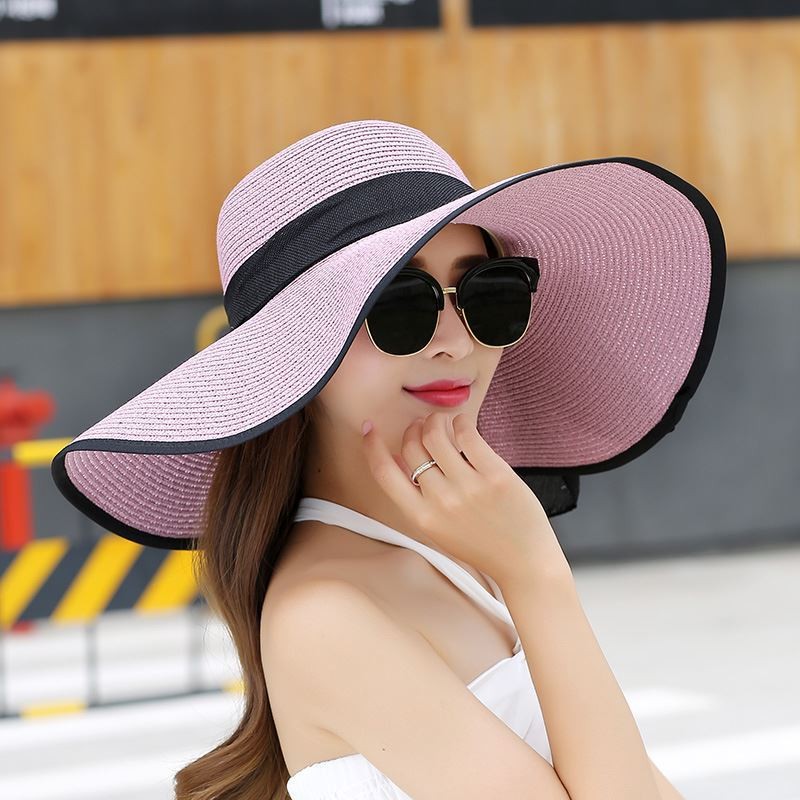Outdoor Seaside Woman Fashion Big Bow Large Brimmed Cap Foldable Straw Hat