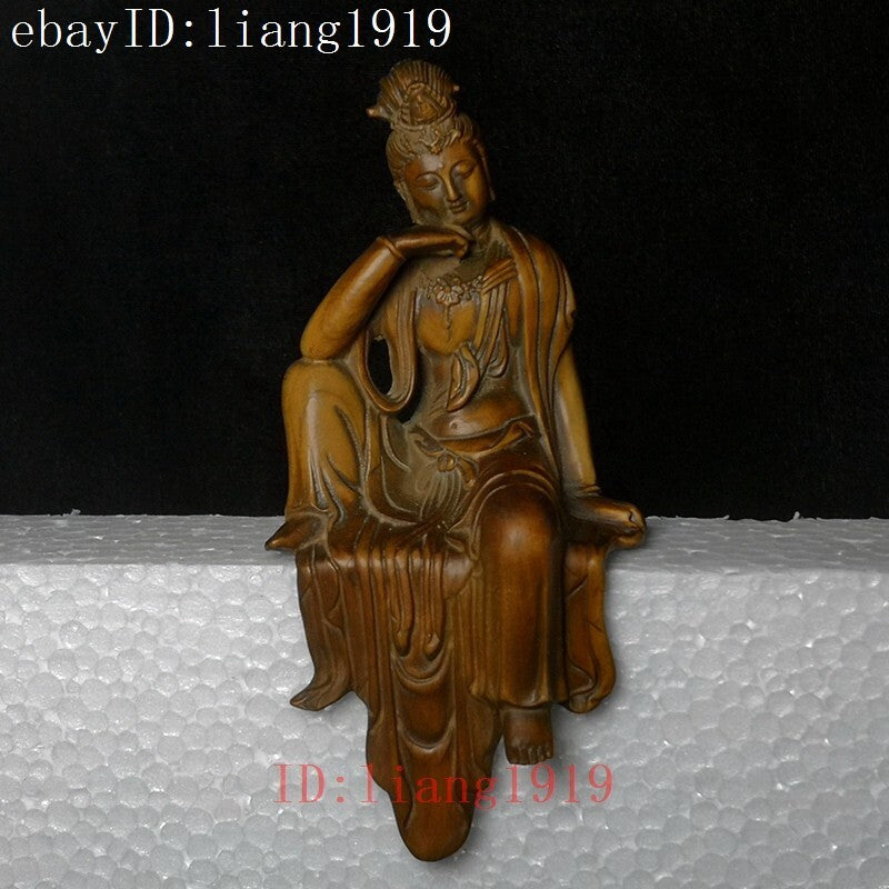 H 5 inch Old Chinese Boxwood Hand Carved Avalokitesvara Kwan-yin Buddha Statue