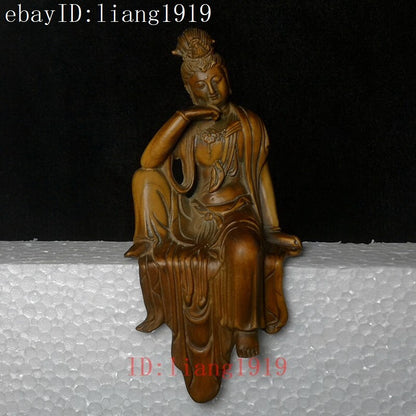 H 5 inch Old Chinese Boxwood Hand Carved Avalokitesvara Kwan-yin Buddha Statue