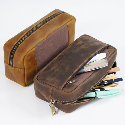 Handmade Cowhide Leather Pen Pouch Zipper Pencil Case Stationery Storage Pen Bag