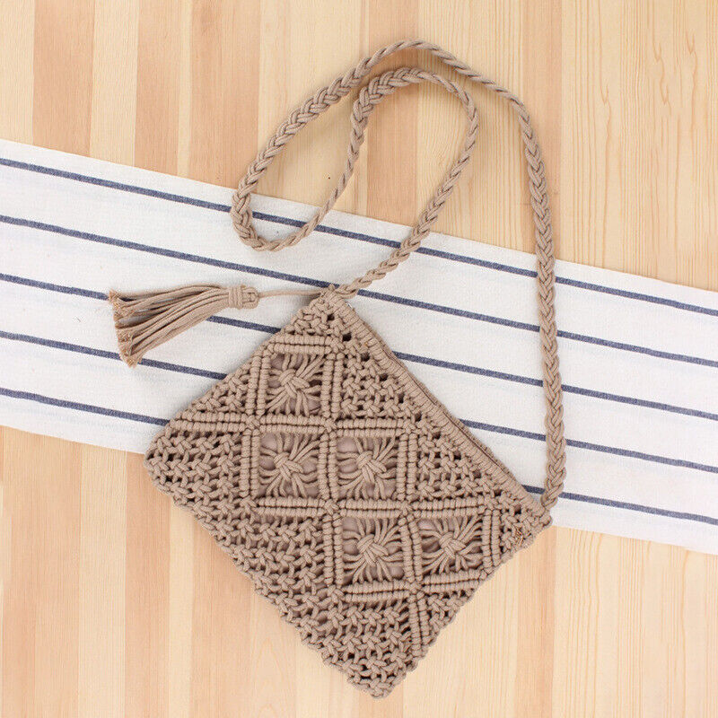 Boho Woven Handbag Women Summer Beach Cotton Tassel Bag Rattan Shoulder Ladies