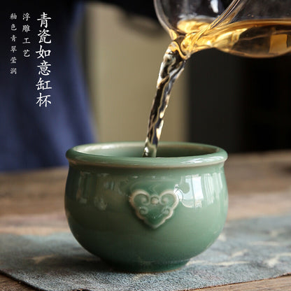 Celadon Ruyi Cup Handmade Relief Ceramic Tea Cup Tea Cup Kung Fu Tea Cup