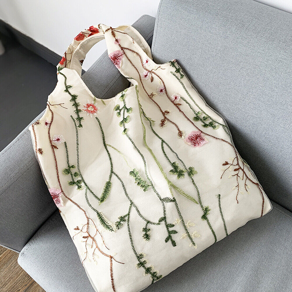Lace Mesh Butterfly Water Grass Tote Bag Lace Daisy Embroidered Canvas Handbags
