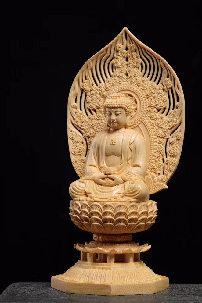 Chinese Juniper Wood Sakyamuni Buddhism Ru-laistatue桧木.座莲阿弥陀佛