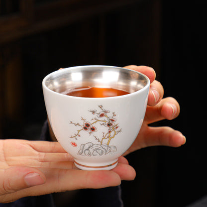 999 Sterling Silver Tea Cup Floral Print Under Glaze Porcelain Master Cup Of Tea
