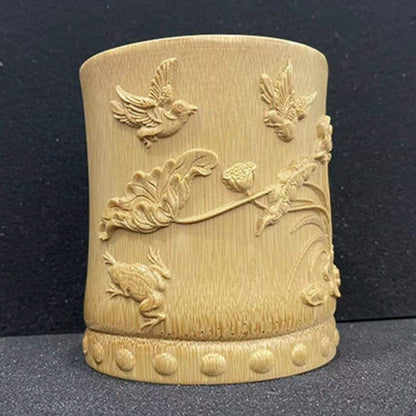 Bamboo Carved Lotus Pen Holder 4.72in Chinese Desk Decor