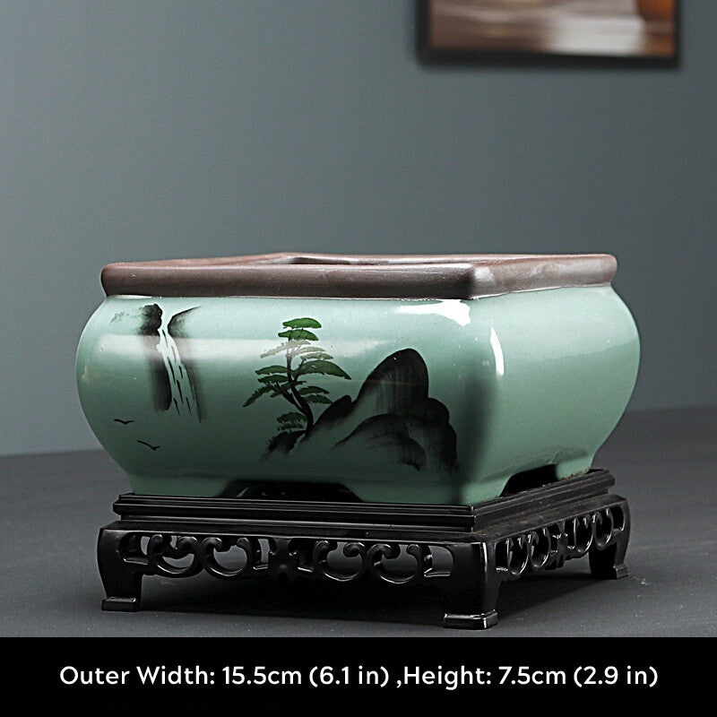 Bonsai Pot 4" Square Chinese Art Glazed High Quality Teal Ceramic Planter small