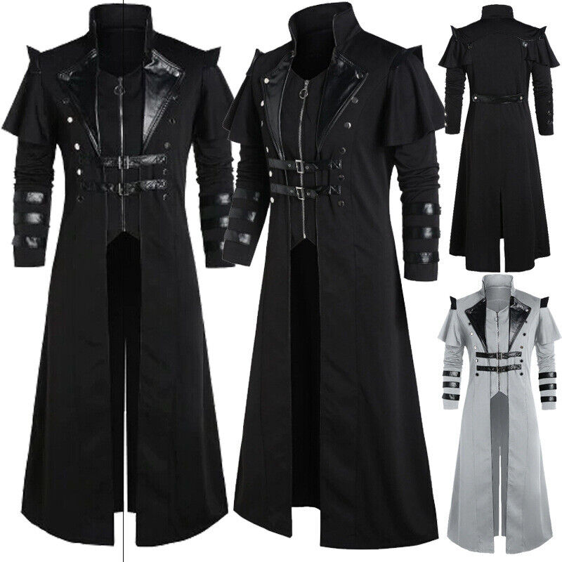 Mens Medieval Steampunk Frock Coat Retro Long Trench Cape Cloak Costume Jackets
