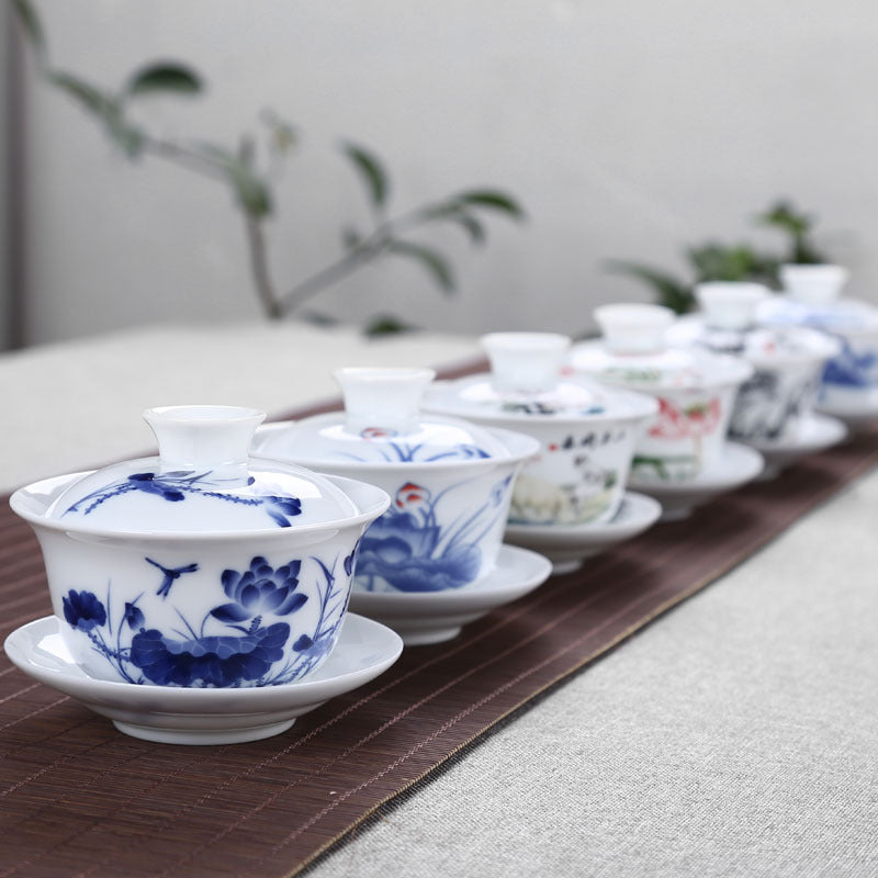 Tea Bowl Porcelain Gaiwan Tea Cup Saucer Lid Handpainted Bowl Cup China Tureen