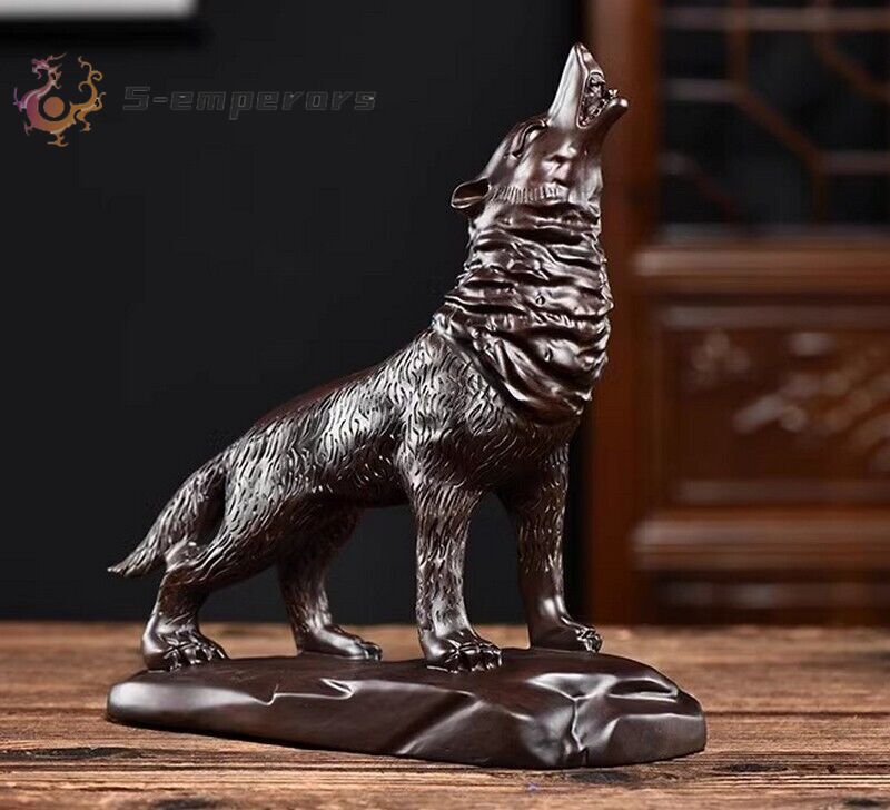 Natural Ebony Wood Carved Wolf Statue Figurine Animal Collectible