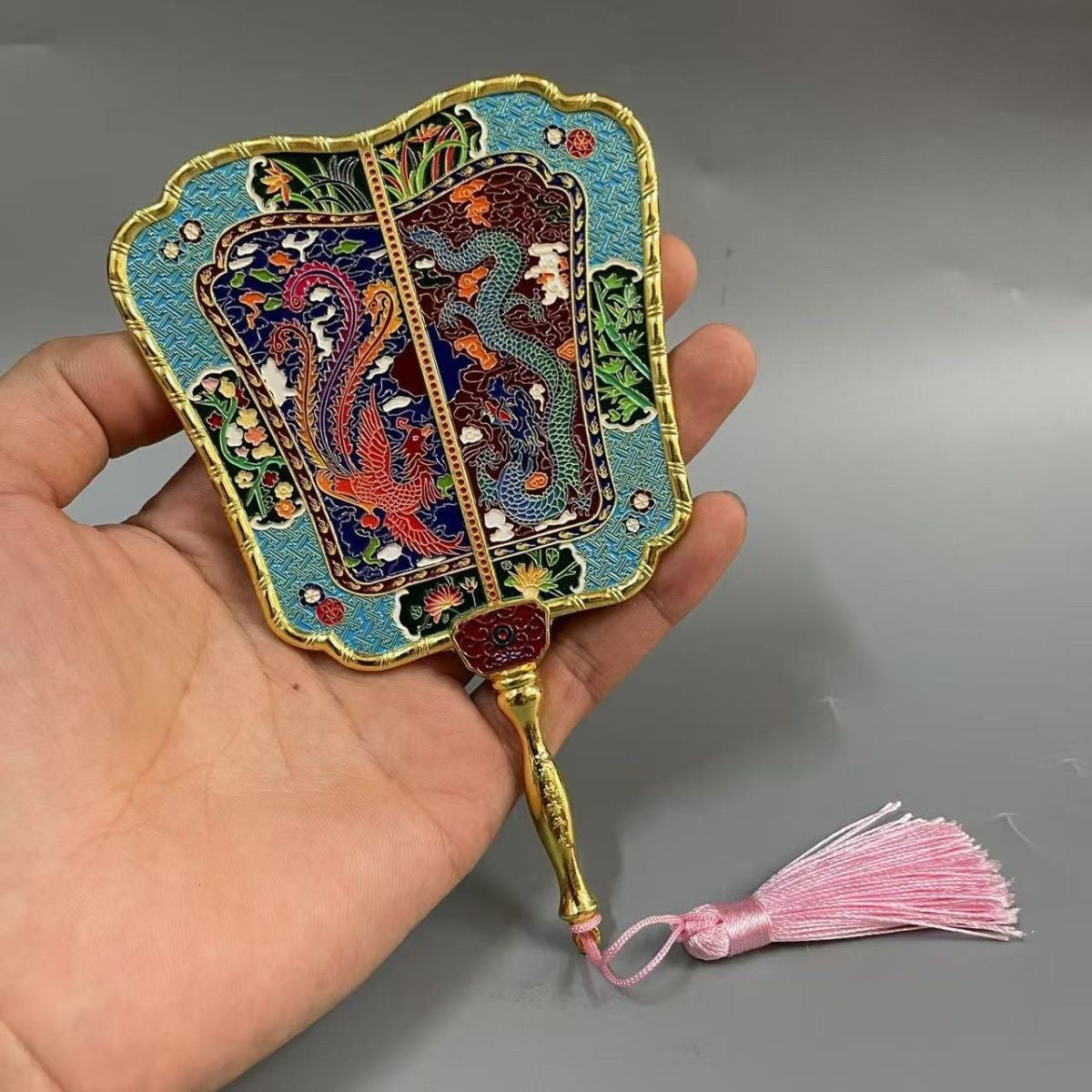 Enamel Painted Qianlong Dragon Phoenix Fan Antique Banana Fan Home Collection