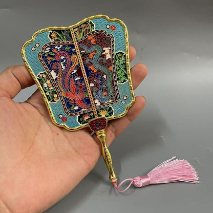 Enamel Painted Qianlong Dragon Phoenix Fan Antique Banana Fan Home Collection