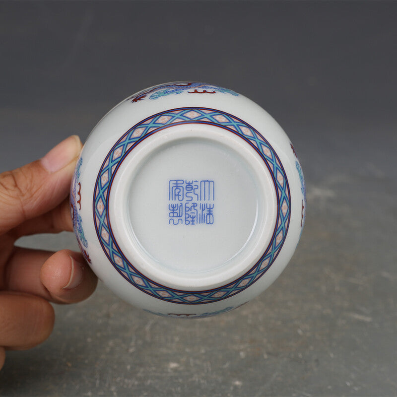 3" Chinese Qing Doucai Contrasting Colors Porcelain Animal Dragon Tree Cup