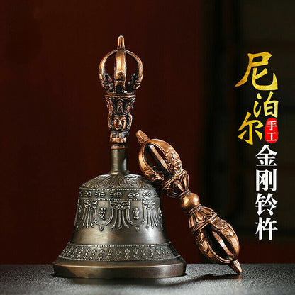 6.69" A Set Tibetan Bronze Copper Gilt Nepal Buddhism Handmade Dorje Vajra Bell