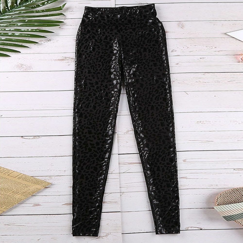 Women Leggings High Waist Black Leopard Textured Stretchy Faux Leather Pants S M