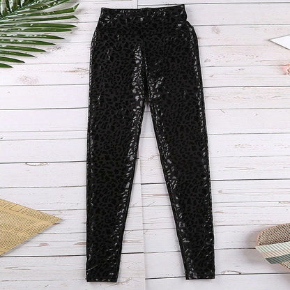 Women Leggings High Waist Black Leopard Textured Stretchy Faux Leather Pants S M