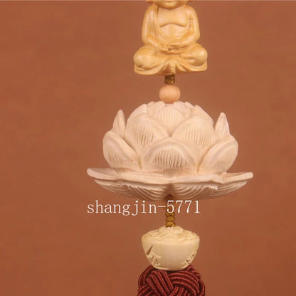 Handmade Boxwood Lotus Buddha Fu Figurines Pendants Car Ornaments Chinese Style