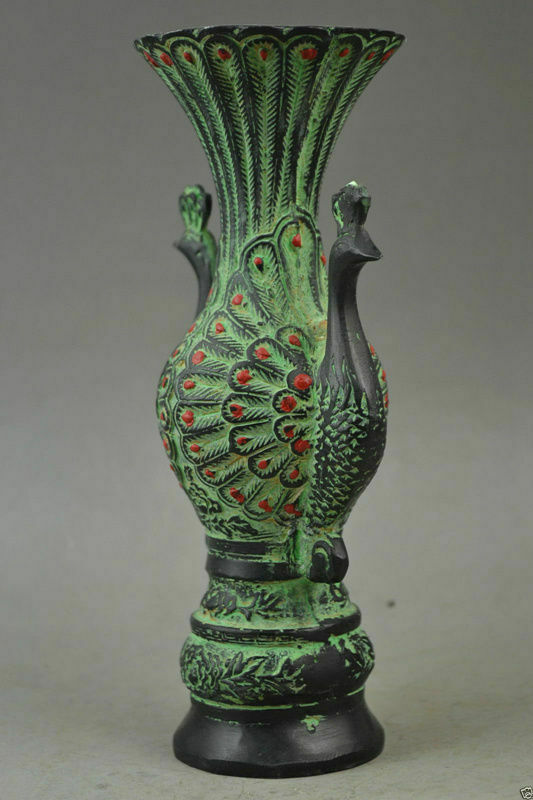 Exquisite Old Collectibles Bronze Carve Pair Auspicious Peacock Rare Noble Vase