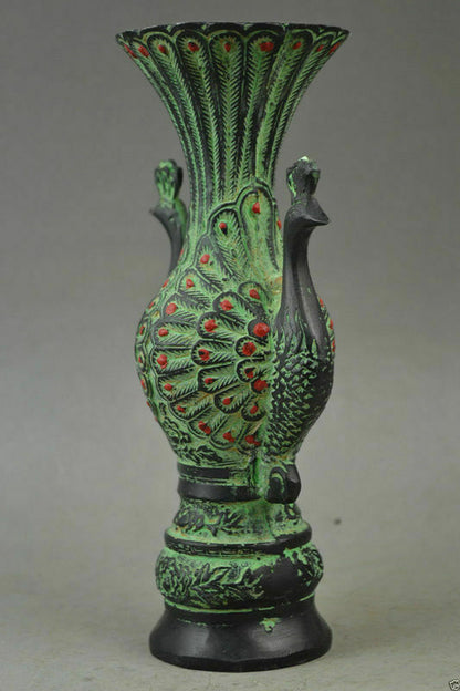 Exquisite Old Collectibles Bronze Carve Pair Auspicious Peacock Rare Noble Vase
