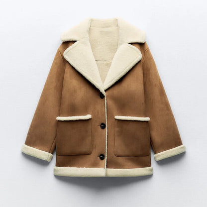 Jacket Fashionable Warm Sheepskin Coat Lapel Vintage Loose Overcoat Parka