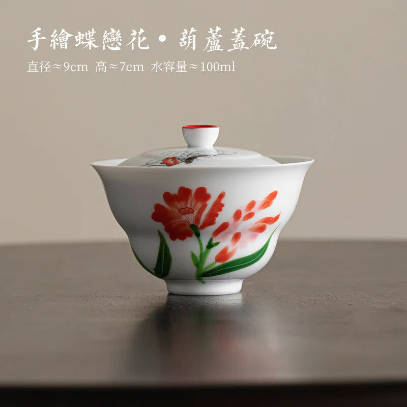 100ml Hand Painted Butterfly Ceramic Tea Tureen Underglaze Gourd Tea Bowl