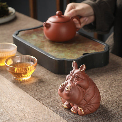 Chinese Yixing Zisha Pottery Fengshui hippo Animal Wealth Lucky tea pet Statue