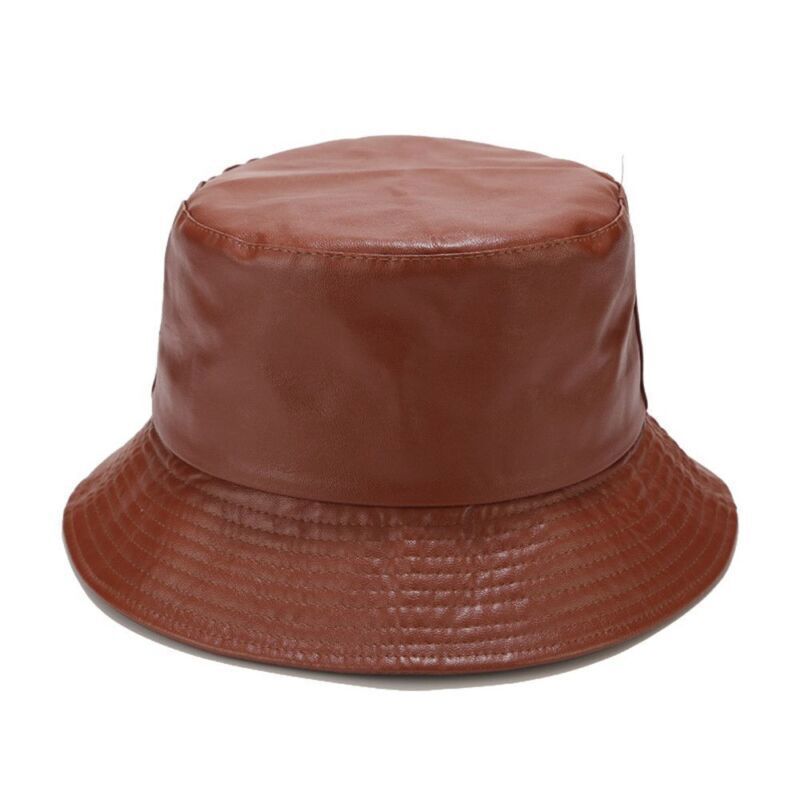 Men Outdoor Waterproof Hiking PU Bucket Hat Fisherman Cap Leather Sun Caps