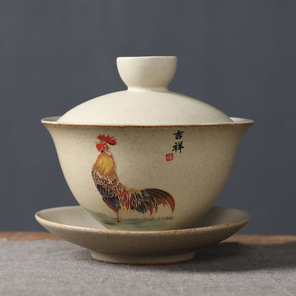 Vintage Rooster Gaiwan Tea Maker Stoneware Bowl Ceramic Tea Bowl Kung Fu Tea Set