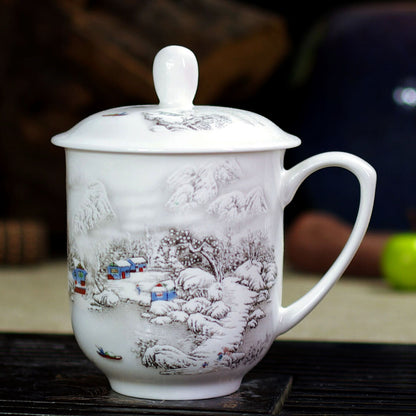 Jingdezhen Blue and White Bone Porcelain Cup Ceramic Tea Cup with Handle Lid