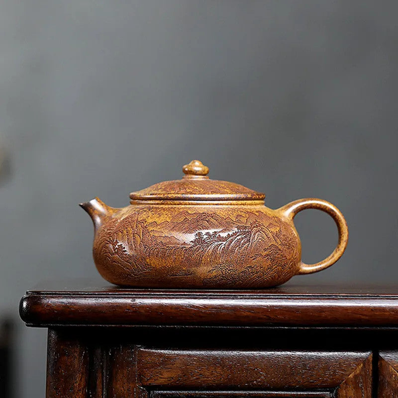 Yixing Handmade Teapot Hand-carved Landscape Pattern Kettle Chinese Zisha TeaSet