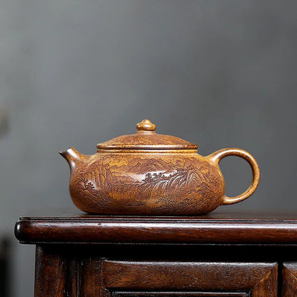 Yixing Handmade Teapot Hand-carved Landscape Pattern Kettle Chinese Zisha TeaSet