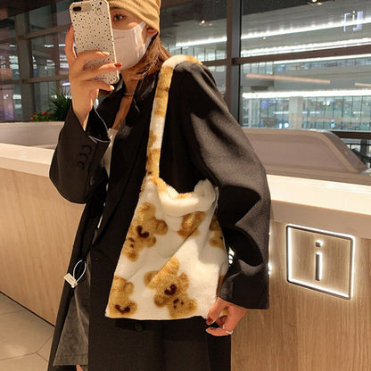 Shopping Bag Flower Print Plush Shoulder Large Handbags Underarm Bags 30*30*2 CM