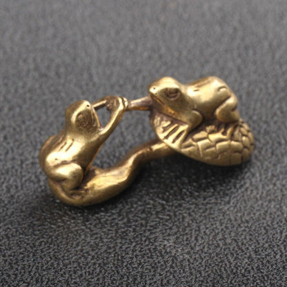 Solid Brass Frog on Mushroom Figurine Miniature Tea Pet Ornament Animal Statue