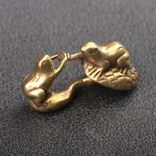 Solid Brass Frog on Mushroom Figurine Miniature Tea Pet Ornament Animal Statue