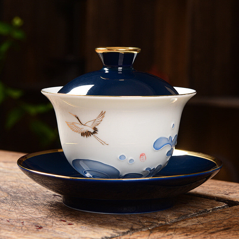 Hand Painted Crane Porcelain Gaiwan Sancai Bowl Saucer Lid 150ml Ceramic Tureen