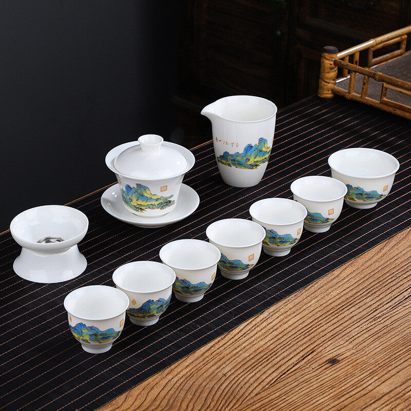 Chinese Complete Tea Set Porcelain Gaiwan Tureen Matching Tea Cup Pitcher Filter