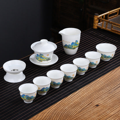 Chinese Complete Tea Set Porcelain Gaiwan Tureen Matching Tea Cup Pitcher Filter